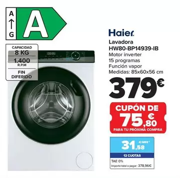 Oferta de Lavadora  Hw80-bp14939-ib por 379€ en Carrefour