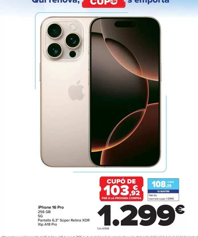 Oferta de Apple - Iphone 16 Pro por 1299€ en Carrefour