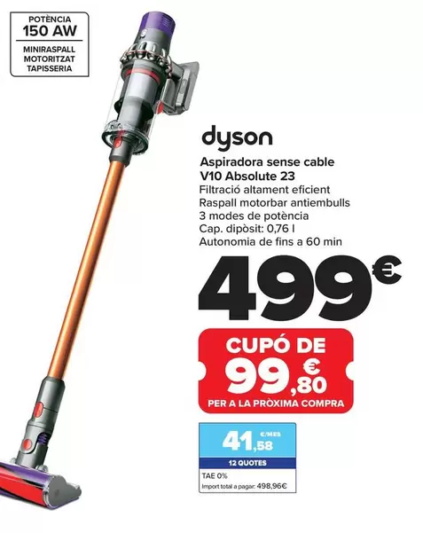 Oferta de Dyson - Aspirador Sin Cable V10 Absolute 23 por 499€ en Carrefour