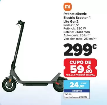 Oferta de Xiaomi - Patinete Electrico  Electric Scooter 4 Lite Gen2 por 299€ en Carrefour