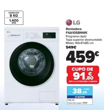 Oferta de LG - Lavadora F4a10s8nwk por 459€ en Carrefour