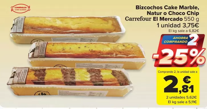 Oferta de Carrefour - Bizcochos Cake Marble, Natur O Choco Chip por 3,75€ en Carrefour Market