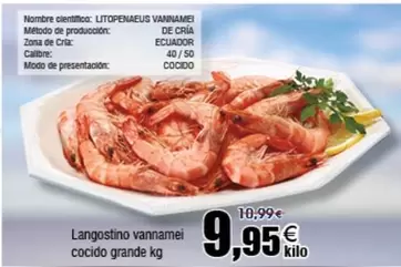 Oferta de Langostino Vannamei Cocido Grande por 9,95€ en Froiz