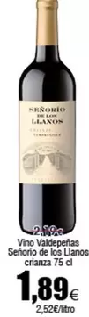 Oferta de Vino Valdepenas Señorío de los Llanos Crianza por 1,89€ en Froiz