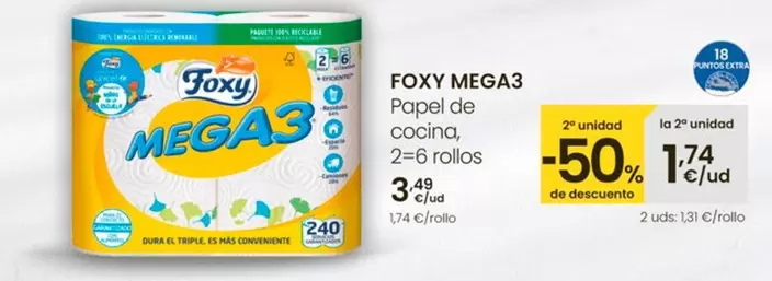 Oferta de Foxy - Mega 3 Papel De Cocina por 3,49€ en Eroski