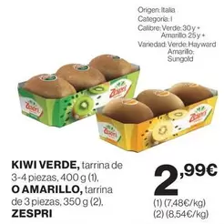 Oferta de Zespri - Kiwi Verde, Tarrina De 3-4 Piezas, 400 G (1), O Amarillo, Tarrina por 2,99€ en Hipercor