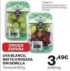 Oferta de Origen - Uva Blanca, Mixta O Rosada Sin Semilla por 3,49€ en Hipercor