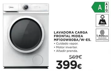 Oferta de Midea - Lavadora Carga Frontal Mf100w80ba/w-es por 399€ en Hipercor