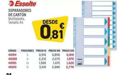 Oferta de Esselte - Separadores De Cartón por 0,81€ en Carlin