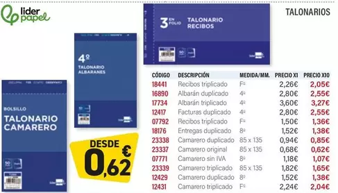 Oferta de Fa - Talonario Camarero por 0,62€ en Carlin