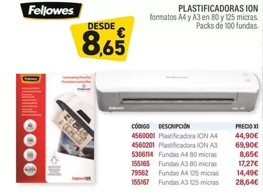 Oferta de Fellowes - Plastificadoras Ion por 8,65€ en Carlin