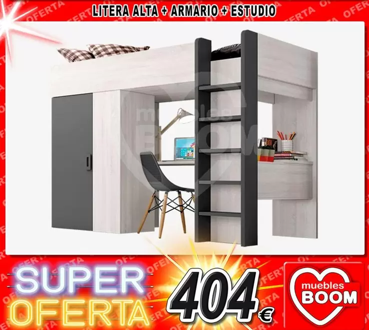 Oferta de Litera Alta + Armario + Estudio por 404€ en Muebles Boom