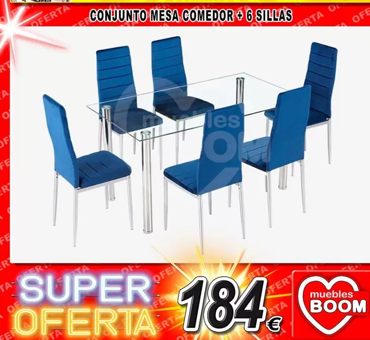 Oferta de Conjunto Mesa Comedor + 6 Sillas por 184€ en Muebles Boom