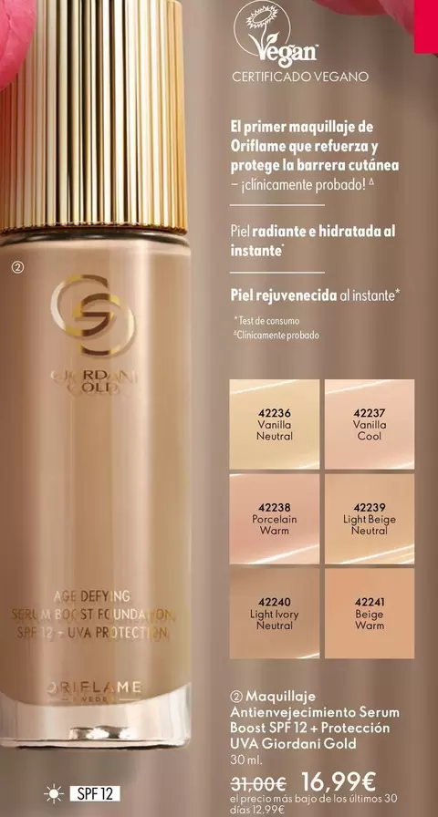 Oferta de Oriflame - Maquillaje Antienvejecimiento Serum Boost Spf 12 + Protección Uva Giordani Cold por 16,99€ en Oriflame