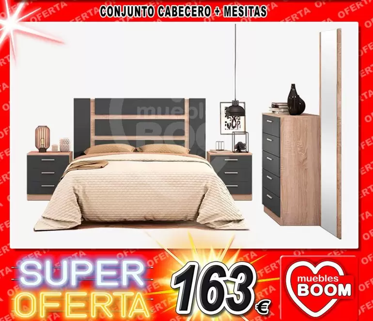 Oferta de Conjunto Cabecero + Mesitas  por 163€ en Muebles Boom