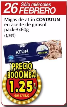 Oferta de Costatun - Migas De Atun En Aceite De Girasol Pack-3x por 1,25€ en SPAR