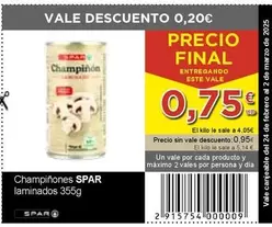 Oferta de Spar - Champinones Laminados por 0,75€ en SPAR