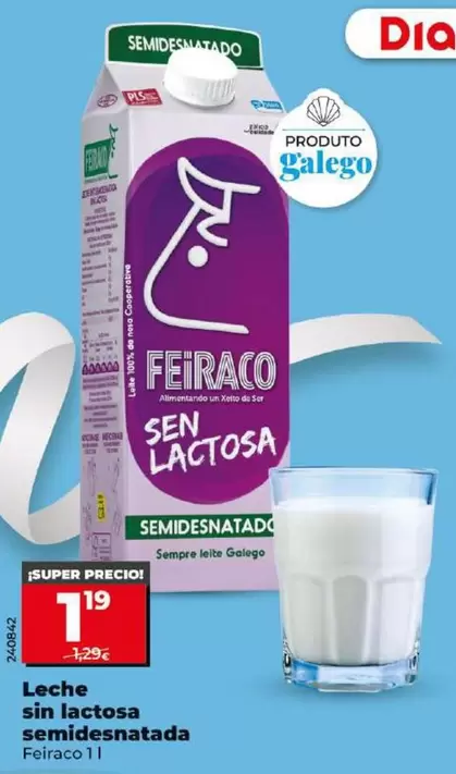 Oferta de Feiraco - Leche Sin Lactosa Semidesnatada por 1,19€ en Dia