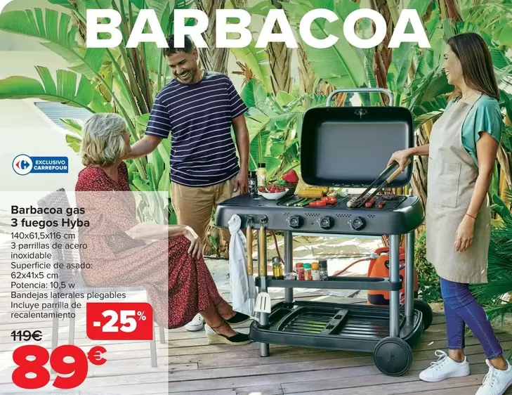 Oferta de Barbacoa Gas 3 Fuegos Hyba por 89€ en Carrefour