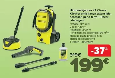 Oferta de Kärcher - Hidrolimpiadora K4 Classic Con Lanza Extensible, Accesorio Para Suelo T-Racer Y Detergente por 199€ en Carrefour