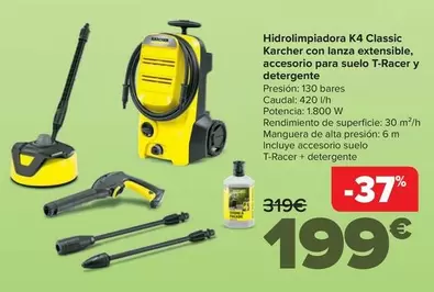 Oferta de Kärcher - Hidrolimpiadora K4 Classic Con Lanza Extensible, Accesorio Para Suelo T-Racer Y Detergente por 199€ en Carrefour