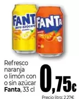 Oferta de Fanta - Refresco Naranja O Limon Con O Sin Azucar por 0,75€ en UDACO