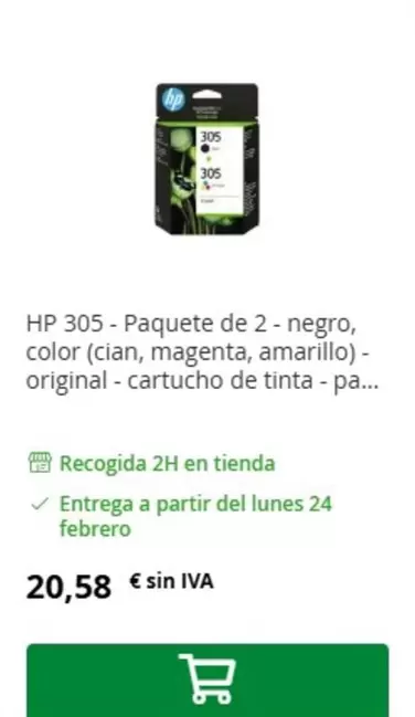 Oferta de Favorina - Hp 305 - Paquete De 2 Negro por 20,58€ en Bureau Vallée