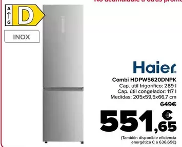 Oferta de Haier - Combi Hdpw5620dnpk por 551,65€ en Carrefour