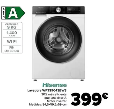 Oferta de Hisense - Lavadora Wf3s9043bw3 por 399€ en Carrefour