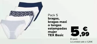 Oferta de Tex Basic - Pack 5 Bragas Bragas Maxi O Tangas Estampadas Mujer   por 5,99€ en Carrefour