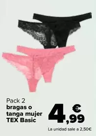 Oferta de Tex Basic - Pack 2 Bragas O Tanga Mujer   por 4,99€ en Carrefour