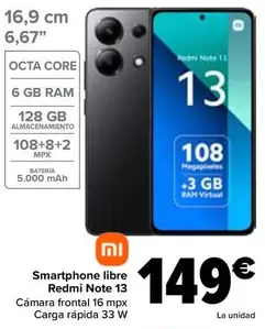 Oferta de Xiaomi - Smartphone Libre Redmi Note 13 por 149€ en Carrefour