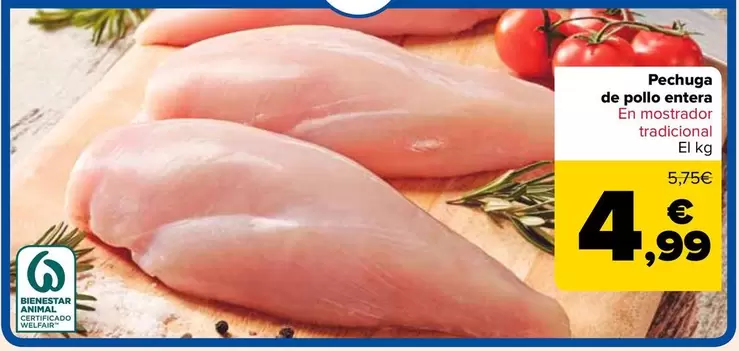 Oferta de Carrefour - Pechuga De Pollo Entera por 4,99€ en Carrefour