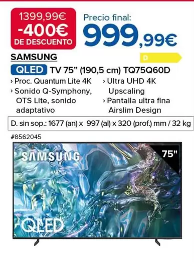 Oferta de Samsung - Qled Tv 75 TQ75Q60D por 999,99€ en Costco