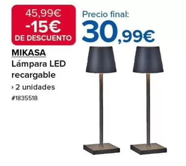 Oferta de Mikasa - Lampara Led Recargable por 30,99€ en Costco