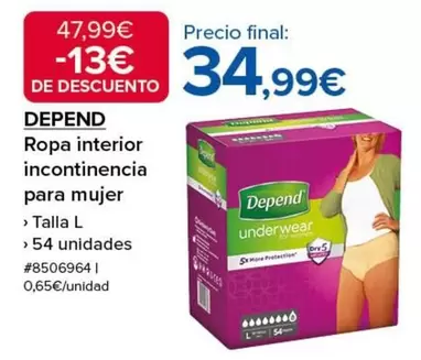 Oferta de Depend - Ropa Interior Incontinencia Para Mujer por 34,99€ en Costco