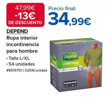 Oferta de Depend - Ropa Interior Incontinencia Para Hombre por 34,99€ en Costco