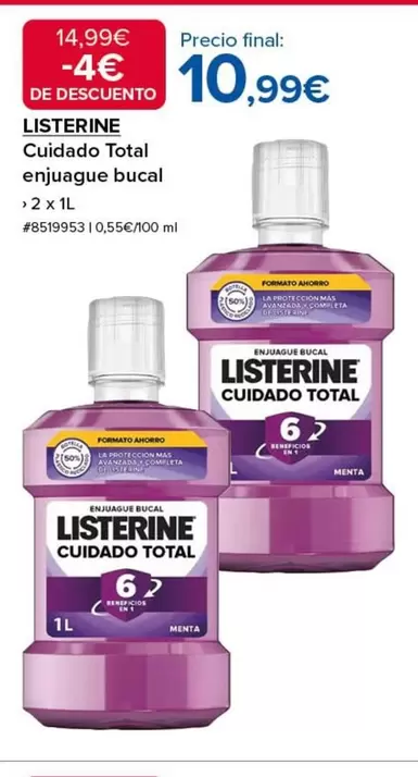 Oferta de Listerine - Cuidado Total Enjuague Bucal por 10,99€ en Costco