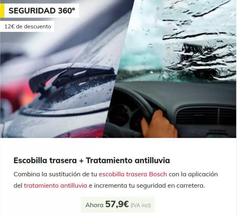 Oferta de Escobilla Trasera + Tratamiento Antilluvia  por 57,9€ en Carglass