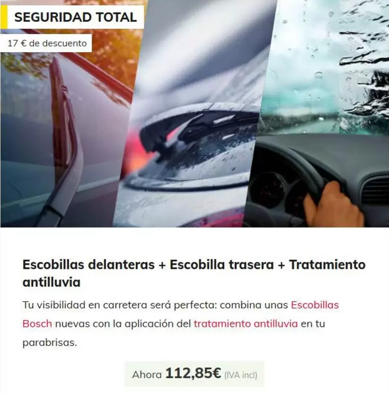 Oferta de Escobillas Delanteras + Escobilla Trasera + Tratamiento Antilluvia  por 112,85€ en Carglass