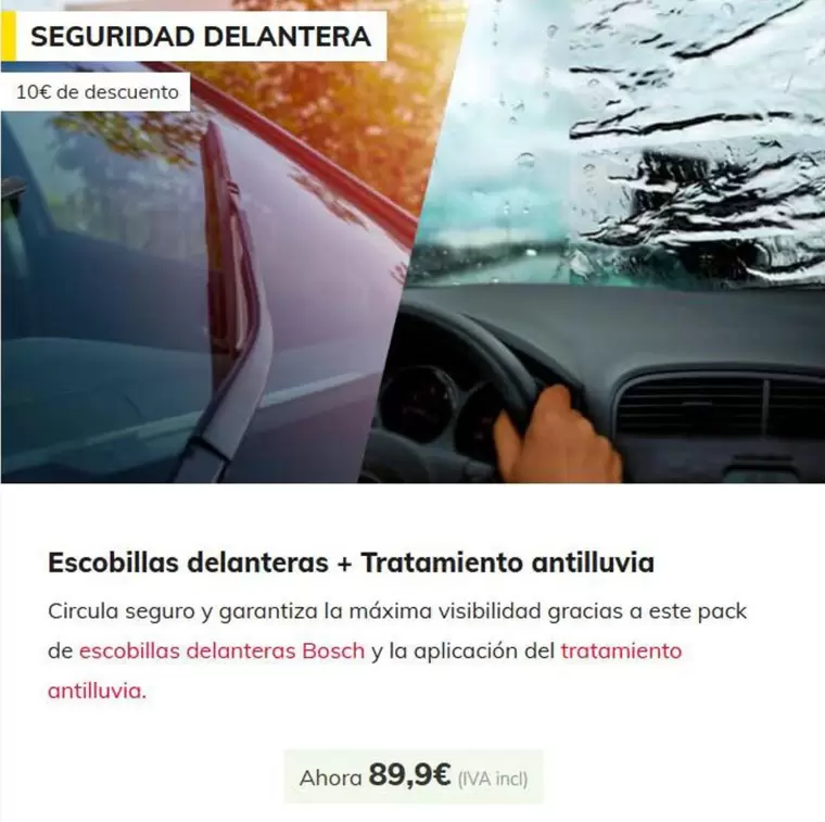 Oferta de Escobillas Delanteras + Tratamiento Antilluvia por 89,9€ en Carglass