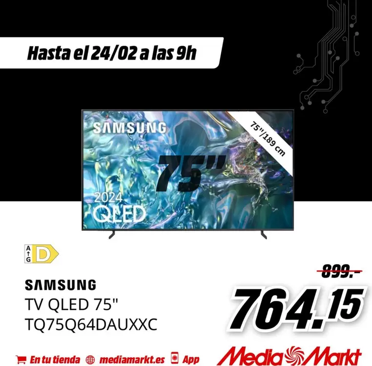 Oferta de Samsung - Tv Qled 75" Tq75q64dauxxc por 764,15€ en MediaMarkt