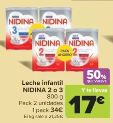 Oferta de Nestlé - Leche Infantil Nidina 2 O 3 por 34€ en Carrefour