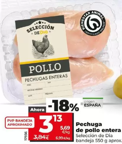 Oferta de Seleccion De Dia - Pechuga De Pollo Entera por 3,13€ en Dia