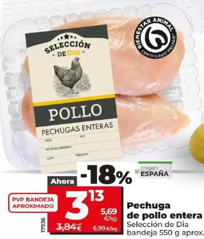 Oferta de Seleccion De Dia - Pechuga De Pollo Entera por 3,13€ en Dia