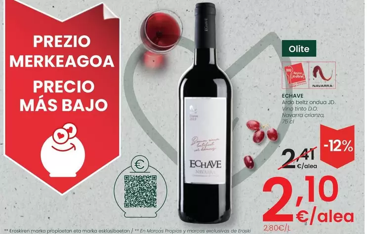 Oferta de Echave - Vino Tinto D.O. Navarra Crianza por 2,1€ en Eroski