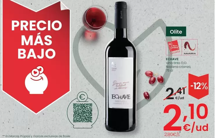 Oferta de Echave - Vino Tinto D.O. Navarra Crianza por 2,1€ en Eroski