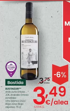 Oferta de Bustinza Bustinbeltz - Vino Blanco D.O.C. Rioja Zona Rioja Alavesa por 3,49€ en Eroski