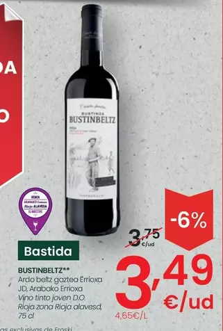 Oferta de Bustinza Bustinbeltz - Vino Tinto Joven D.O. Rioja Zona Rioja Alavesd por 3,49€ en Eroski