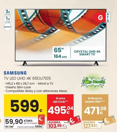 Oferta de Samsung - Tv Led UHD 4K 65DU7105 por 599€ en Eroski